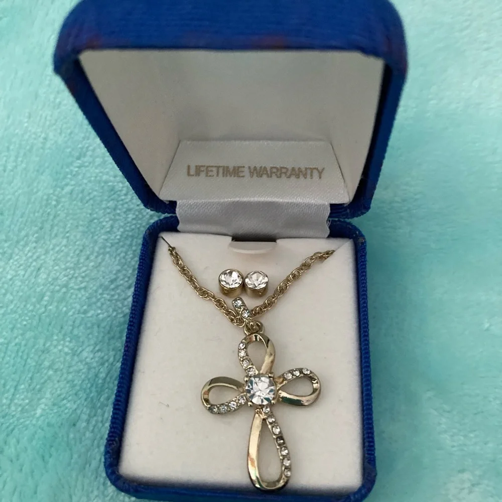 Elegant Gold and Silver Cross Necklace and Earring Set NWOT - Picture 1 of 1